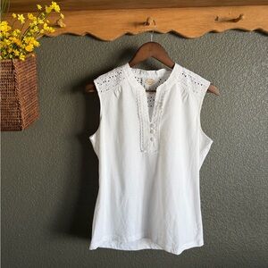 Talbots White Sleeveless Blouse with Eyelet Lace Detail